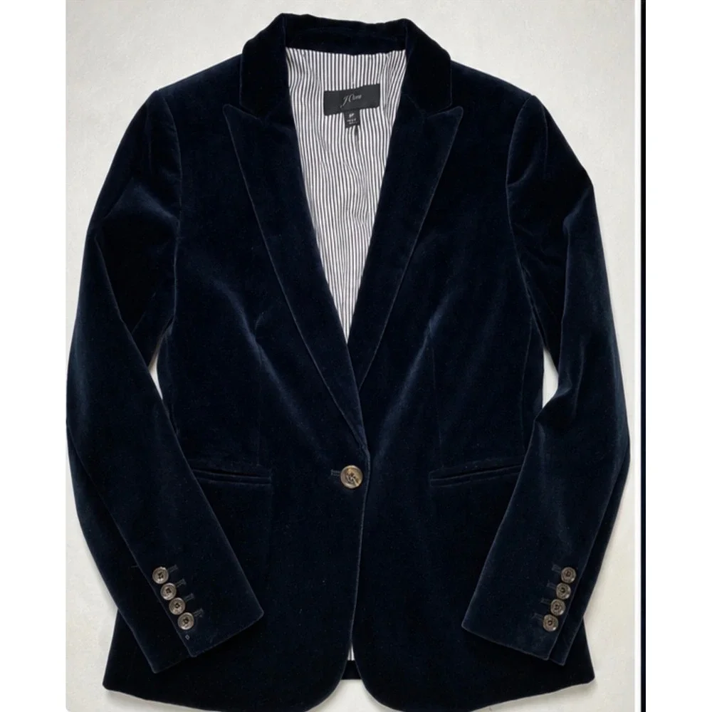 J Crew Navy Velvet Blazer Petite 2 One Button Dark Academia Quiet Luxury VTG Y2K